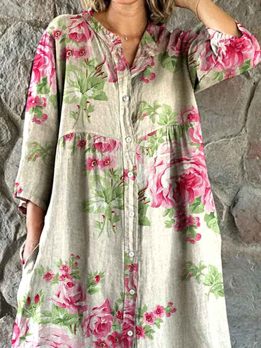 Women's Shirt Style Elegant Simple Rose Floral Pattern Cotton And Linen Dress With Pockets