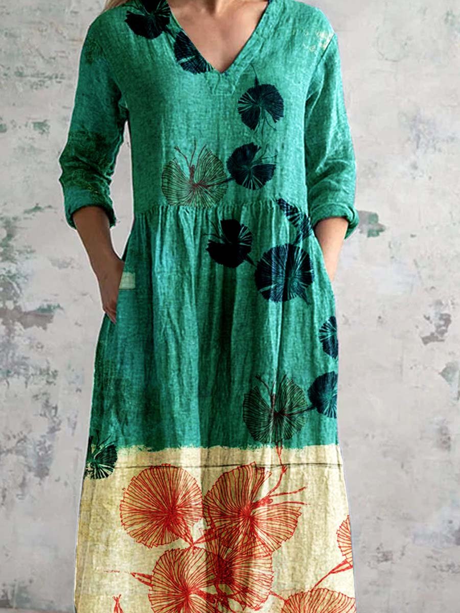 Women's V Neck Art Floral Pattern Dress with Pockets