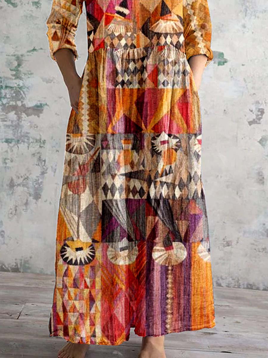 Women's Vintage Bohemian Pattern V Neck Dress with Pockets