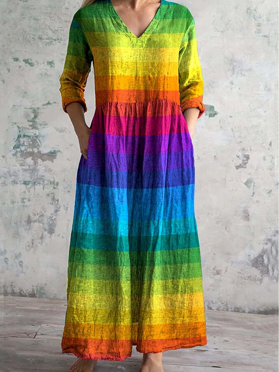 Women's V-Neck Rainbow Gradient Pattern Dress With Pockets