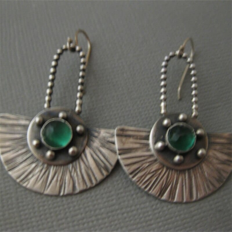 Attractive Fan Shaped Geometry Green Stone Earrings