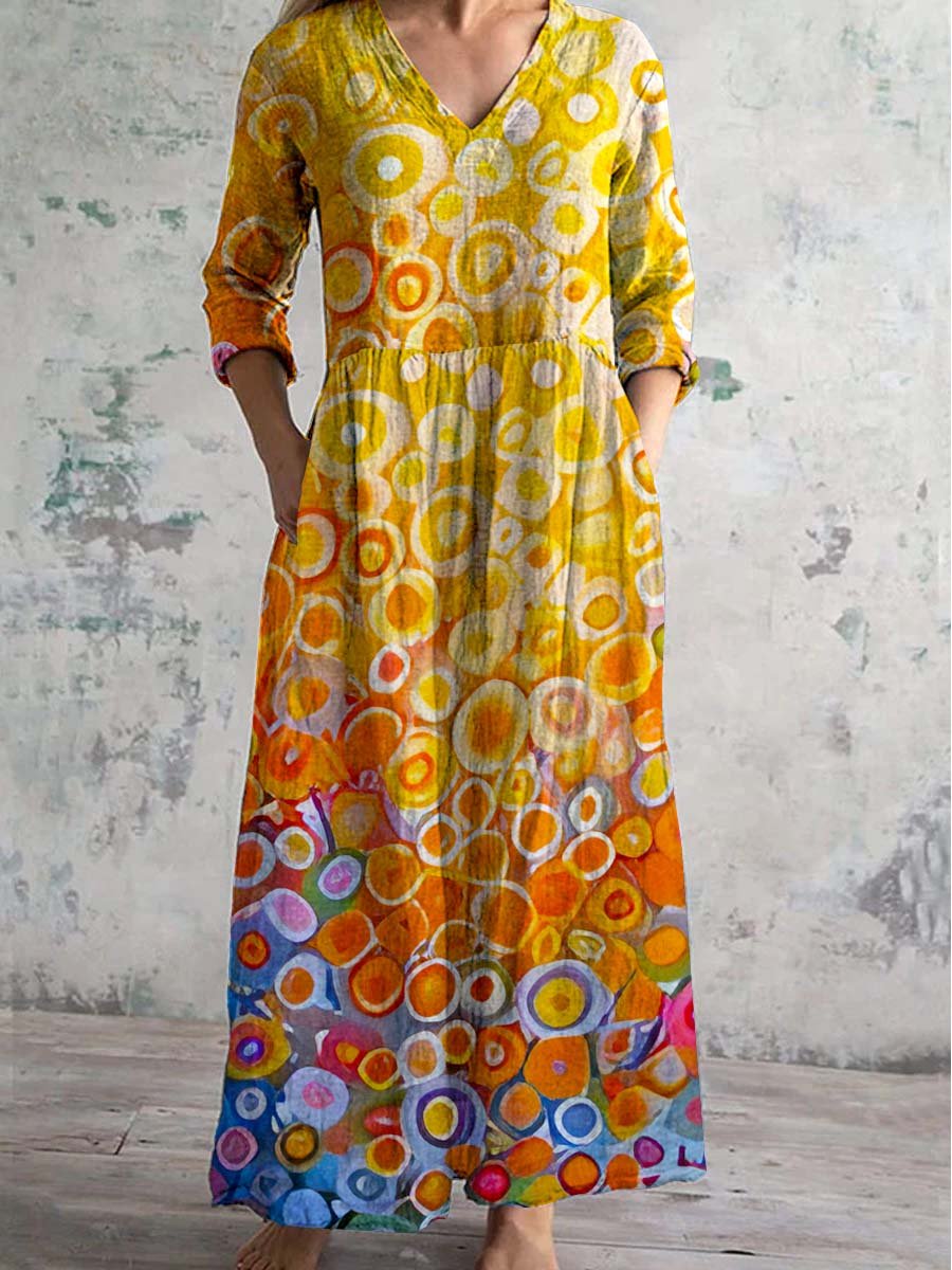 Women's V-neck Art Pattern Cotton And Linen Dress With Pockets