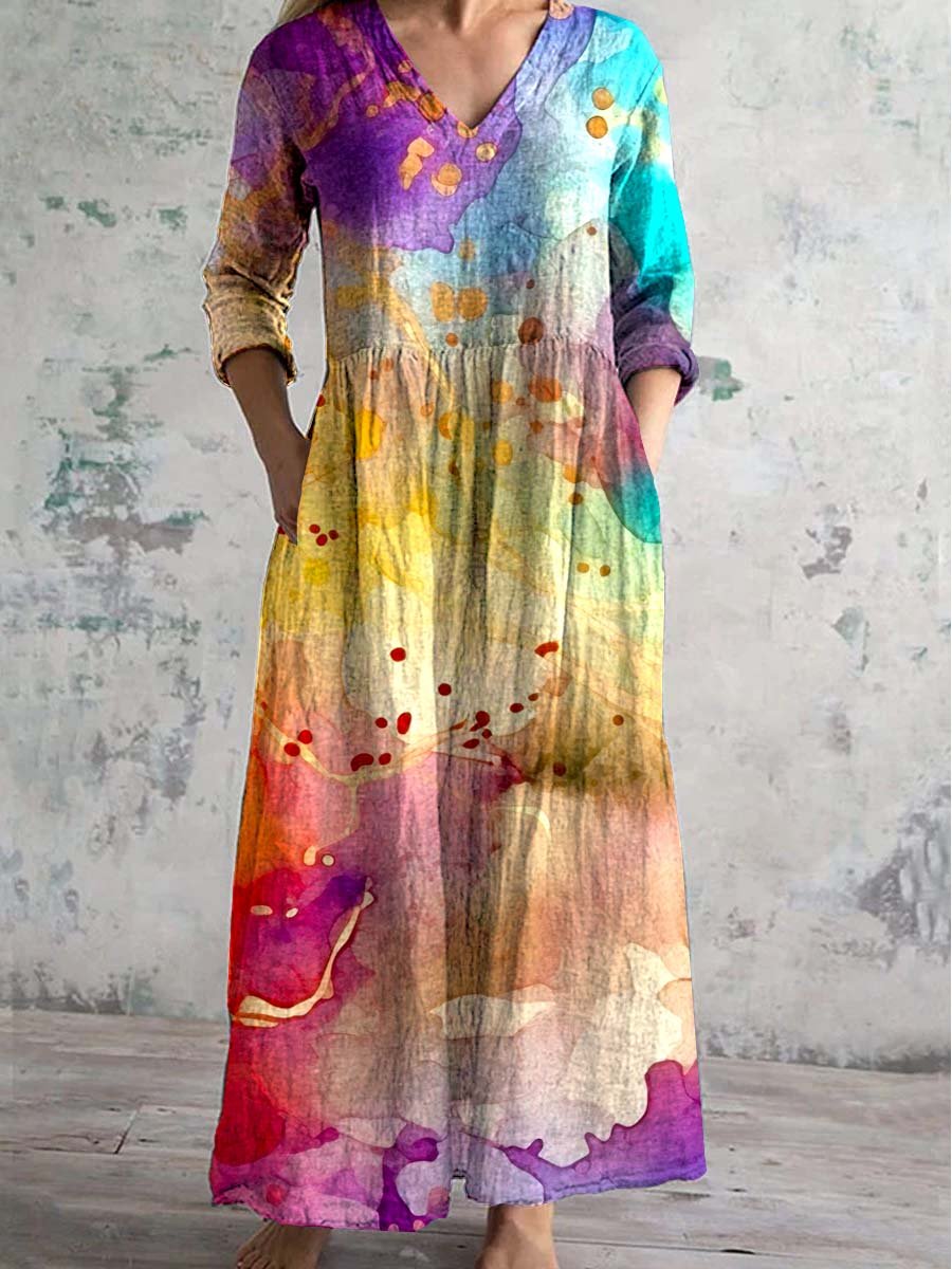 Women's V-neck Splash Art Cotton And Linen Dress With Pockets