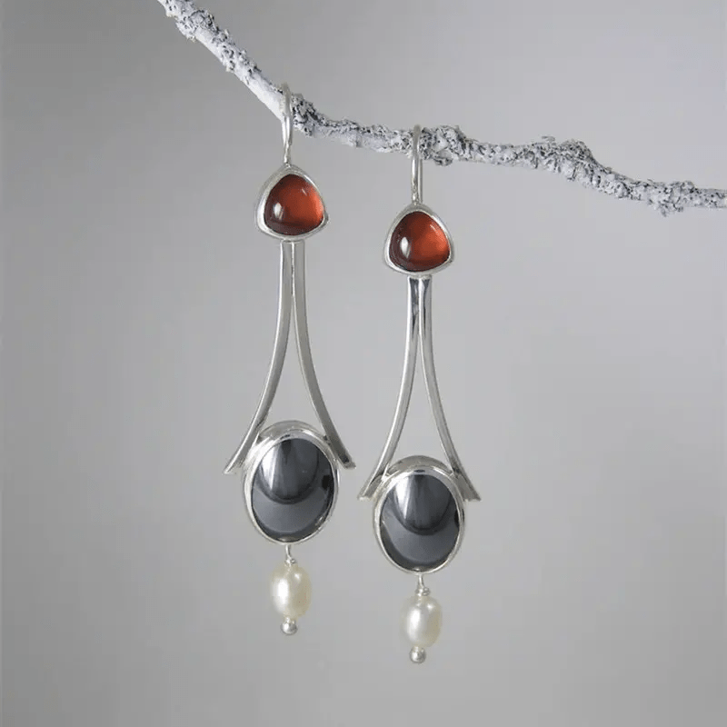 Vintage Metal Craftsman Inlaid Red Black Stone Earrings