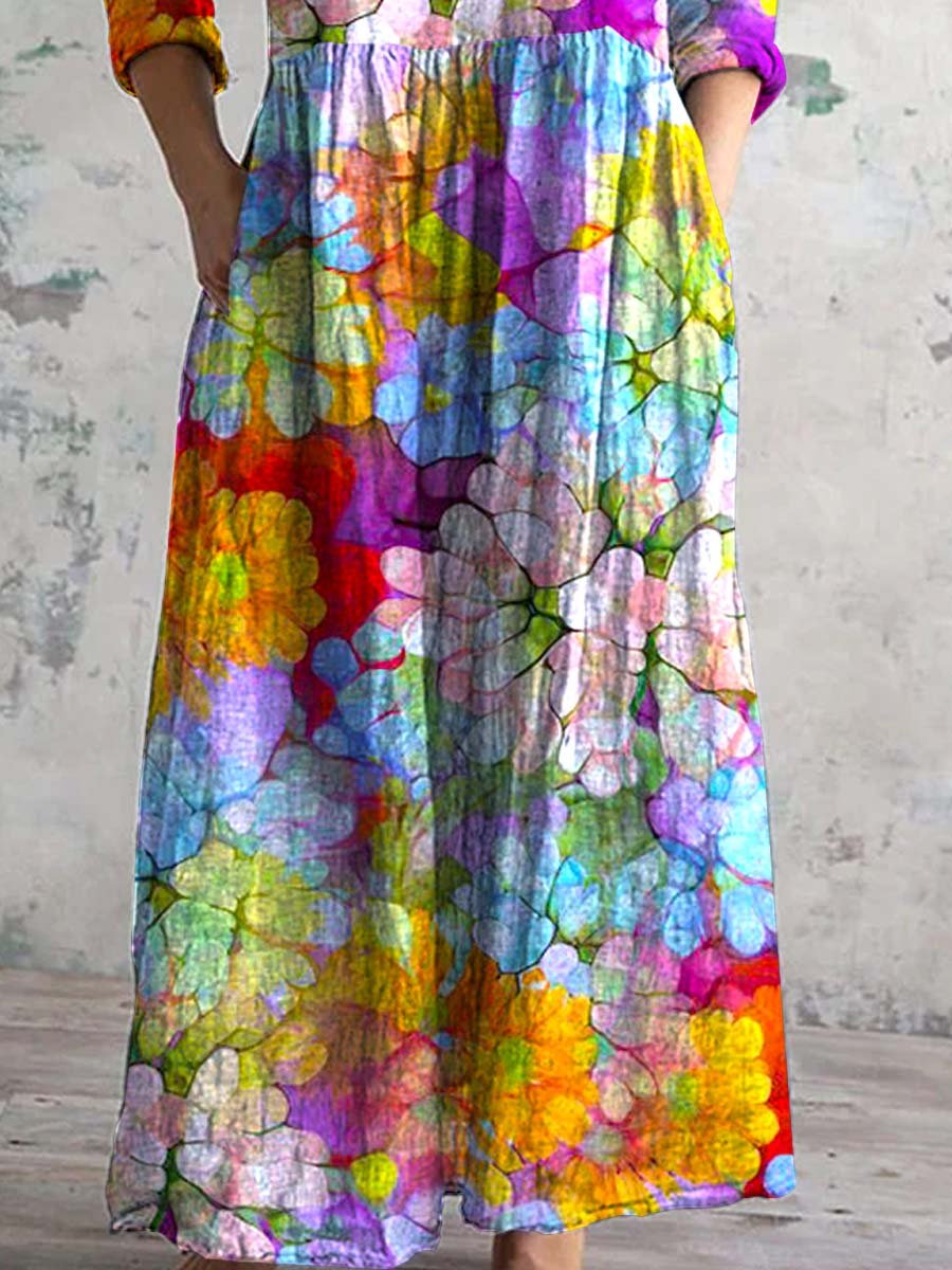 Women's V-neck Rainbow Floral Cotton And Linen Dress With Pockets