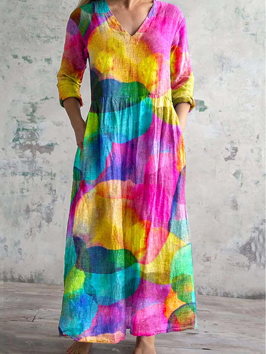 Women's V-Neck Rainbow Gradient Pattern Dress with Pockets