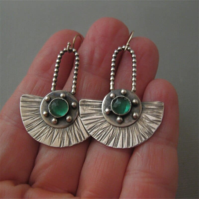 Attractive Fan Shaped Geometry Green Stone Earrings