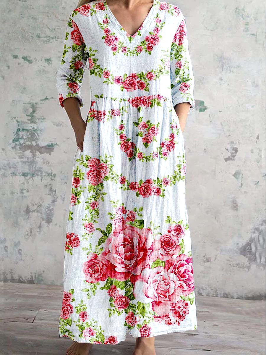 Women's V Neck Art Rose Floral Pattern Dress With Pockets