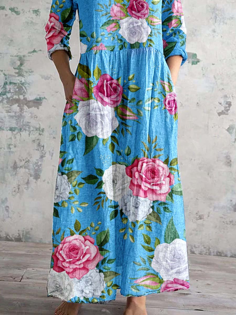 Women's Rose Floral V-Neck Resort Dress