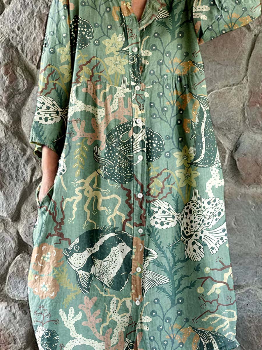 Women's Elegant Vintage Underwater World Pattern Print Shirt Style Cotton and Linen Dress