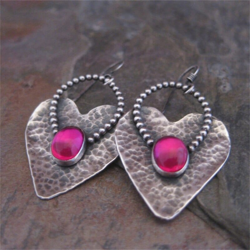 Luxury Heart Round Geometry Red Stone Hook Earrings