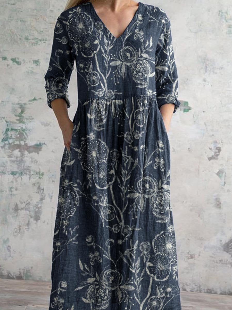 Women's V-neck Elegant Simple Rose Floral Pattern Cotton And Linen Dress With Pockets