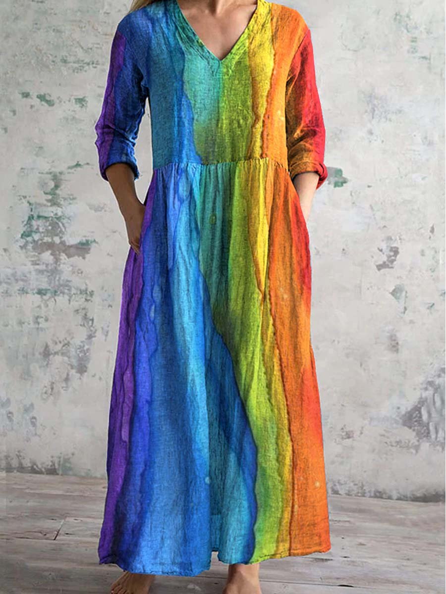 Women's V-neck Rainbow Art Cotton And Linen Dress With Pockets