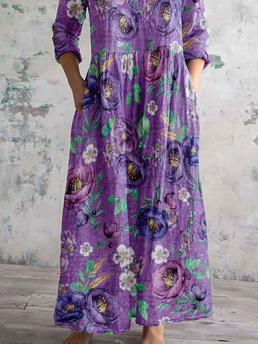 Women's V-Neck Purple Poppy Floral Cotton and Linen Dress with Pockets