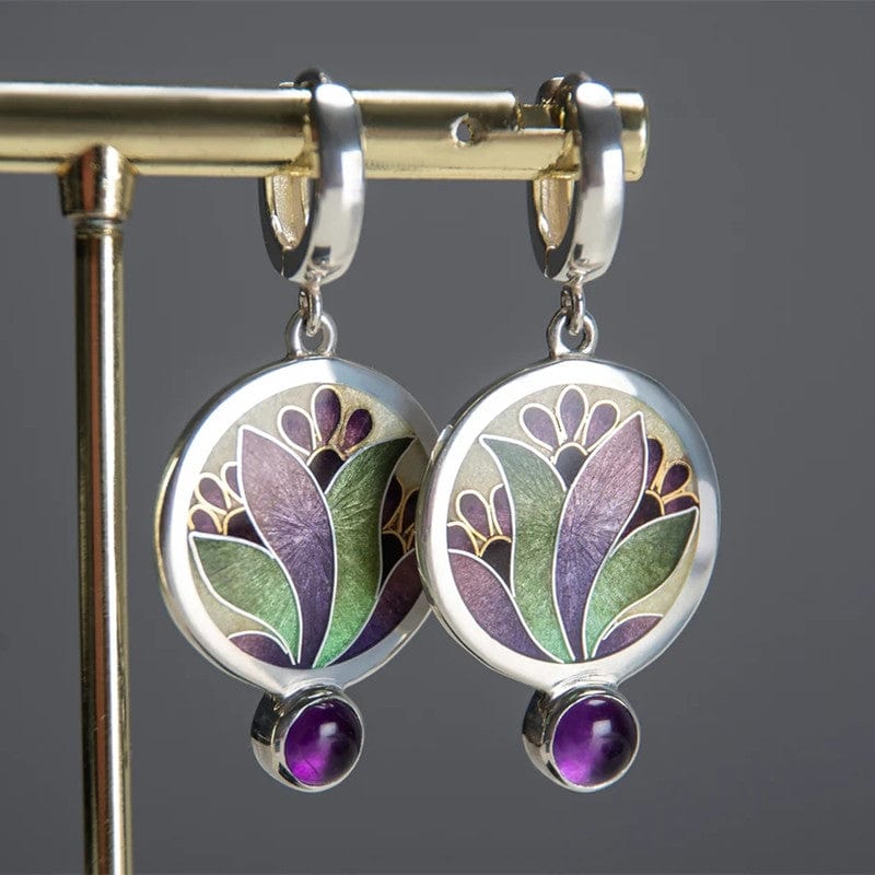 Boho Round Metal Inlaid Amethyst Handmade Earrings For Women