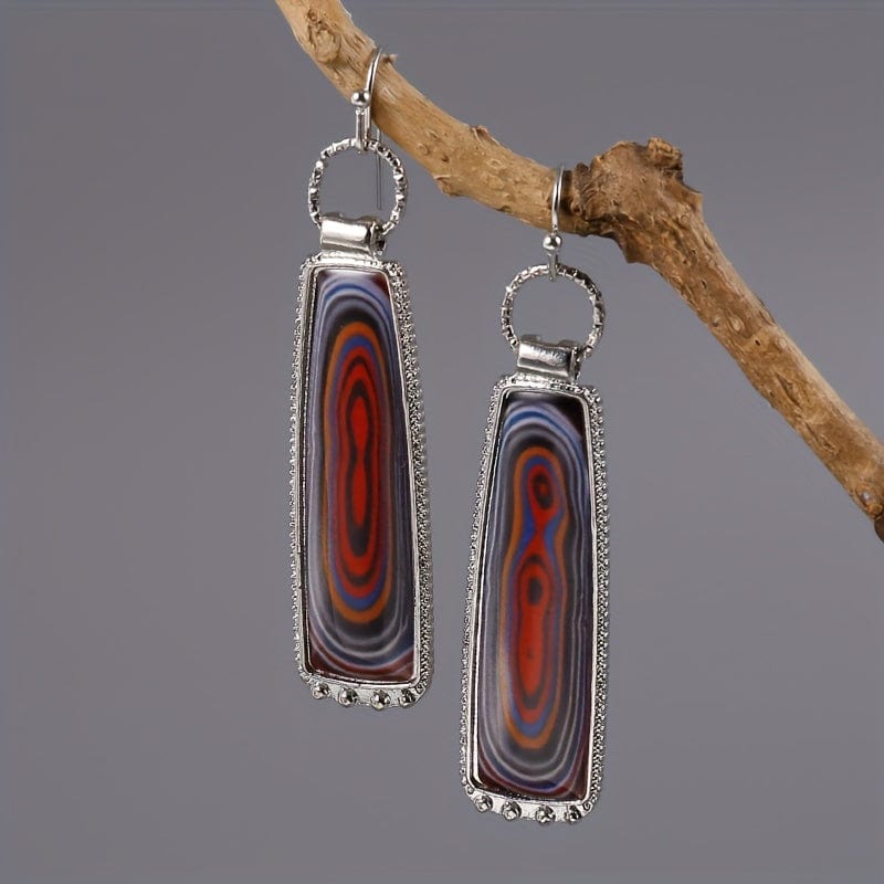 Vintage Rectangular Engraved Gemstone Earrings