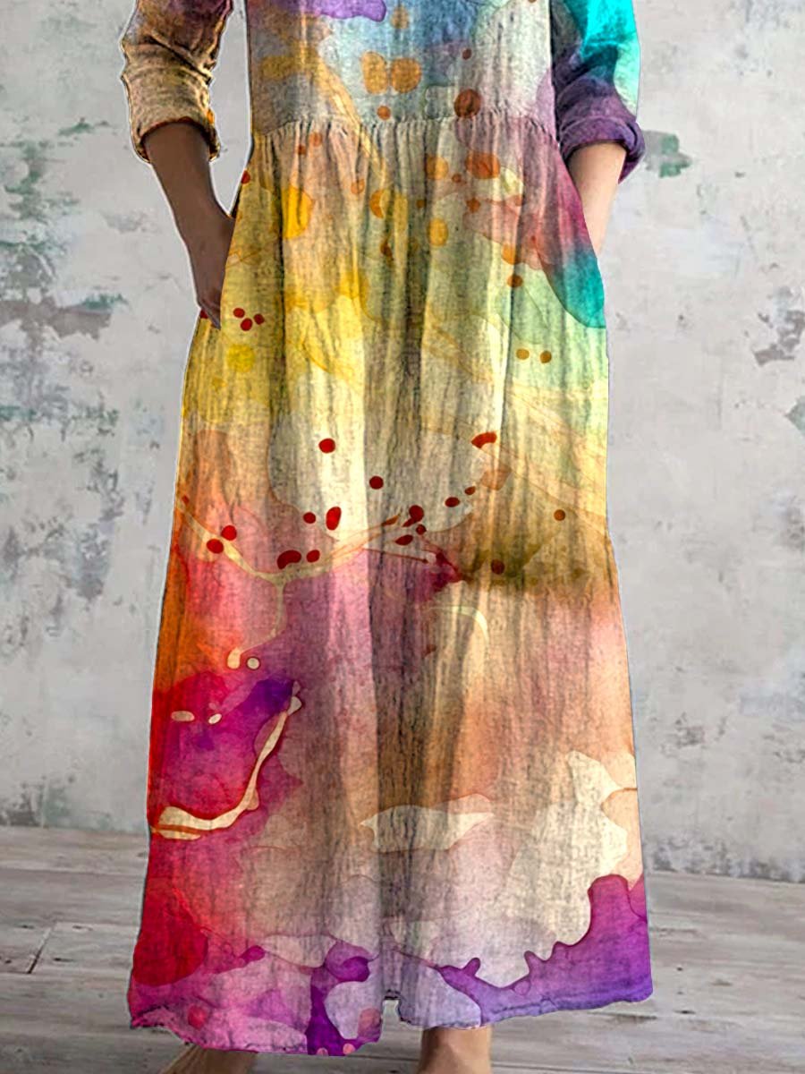 Women's V-neck Splash Art Cotton And Linen Dress With Pockets