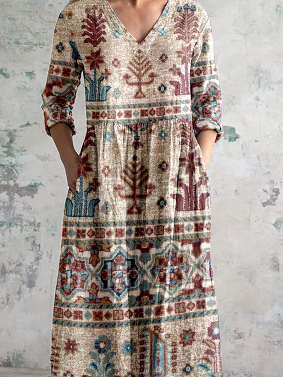Women's V-Neck Vintage Geometric Floral Print Dress With Pockets