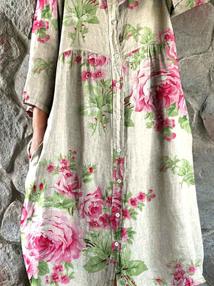 Women's Shirt Style Elegant Simple Rose Floral Pattern Cotton And Linen Dress With Pockets