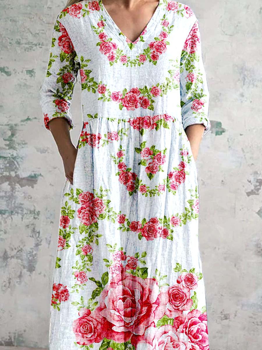 Women's V Neck Art Rose Floral Pattern Dress With Pockets