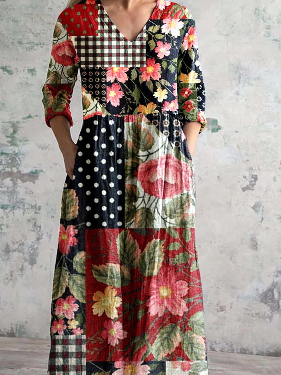 Women's V-Neck Vintage Geometric Rose Floral Print Dress with Pockets