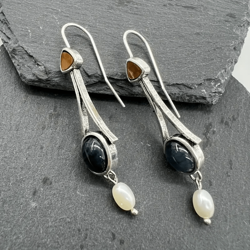 Vintage Metal Craftsman Inlaid Red Black Stone Earrings