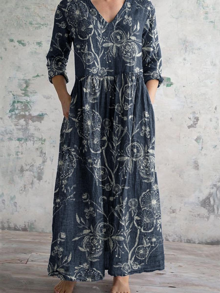 Women's V-neck Elegant Simple Rose Floral Pattern Cotton And Linen Dress With Pockets