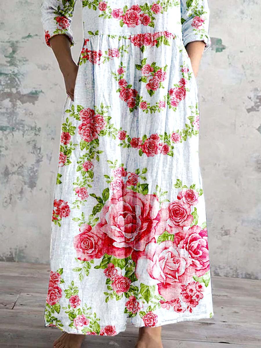 Women's V Neck Art Rose Floral Pattern Dress With Pockets