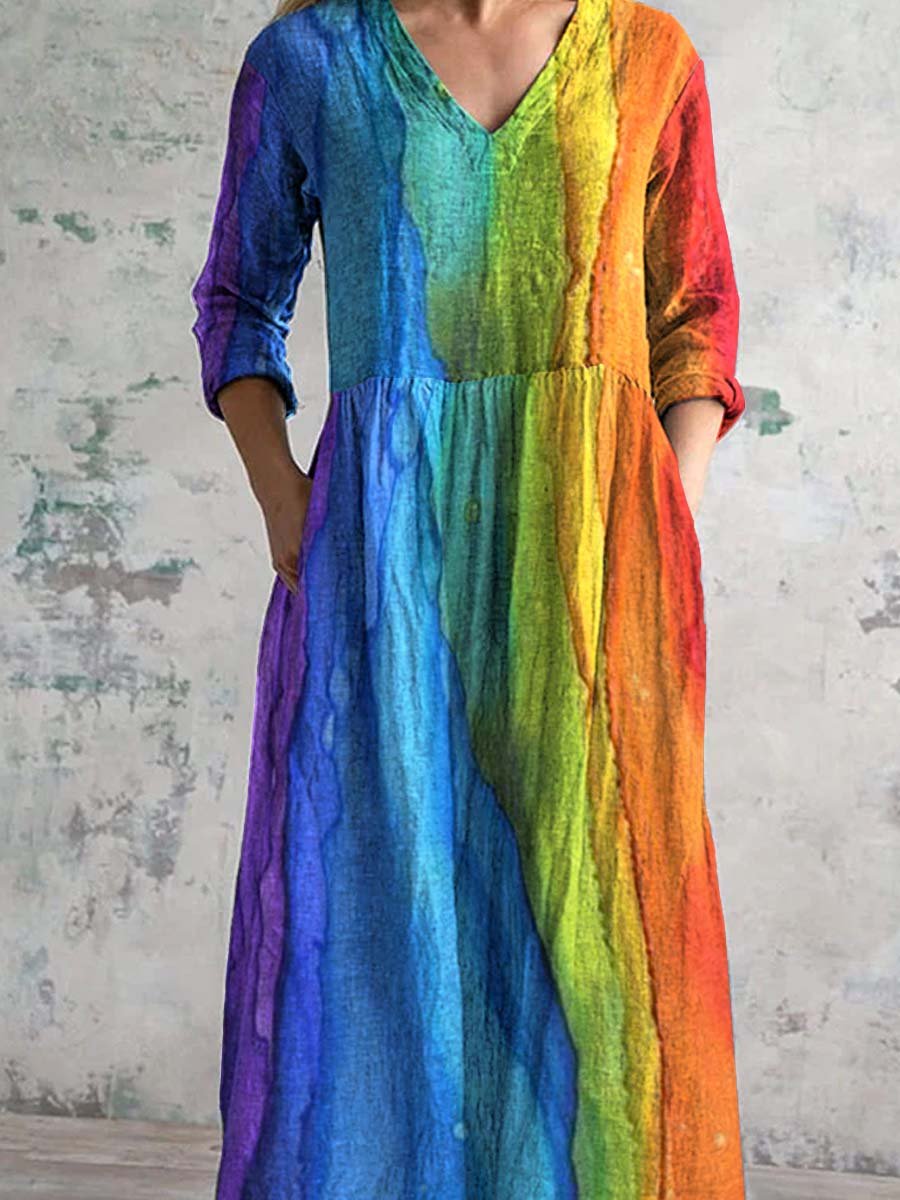 Women's V-neck Rainbow Art Cotton And Linen Dress With Pockets