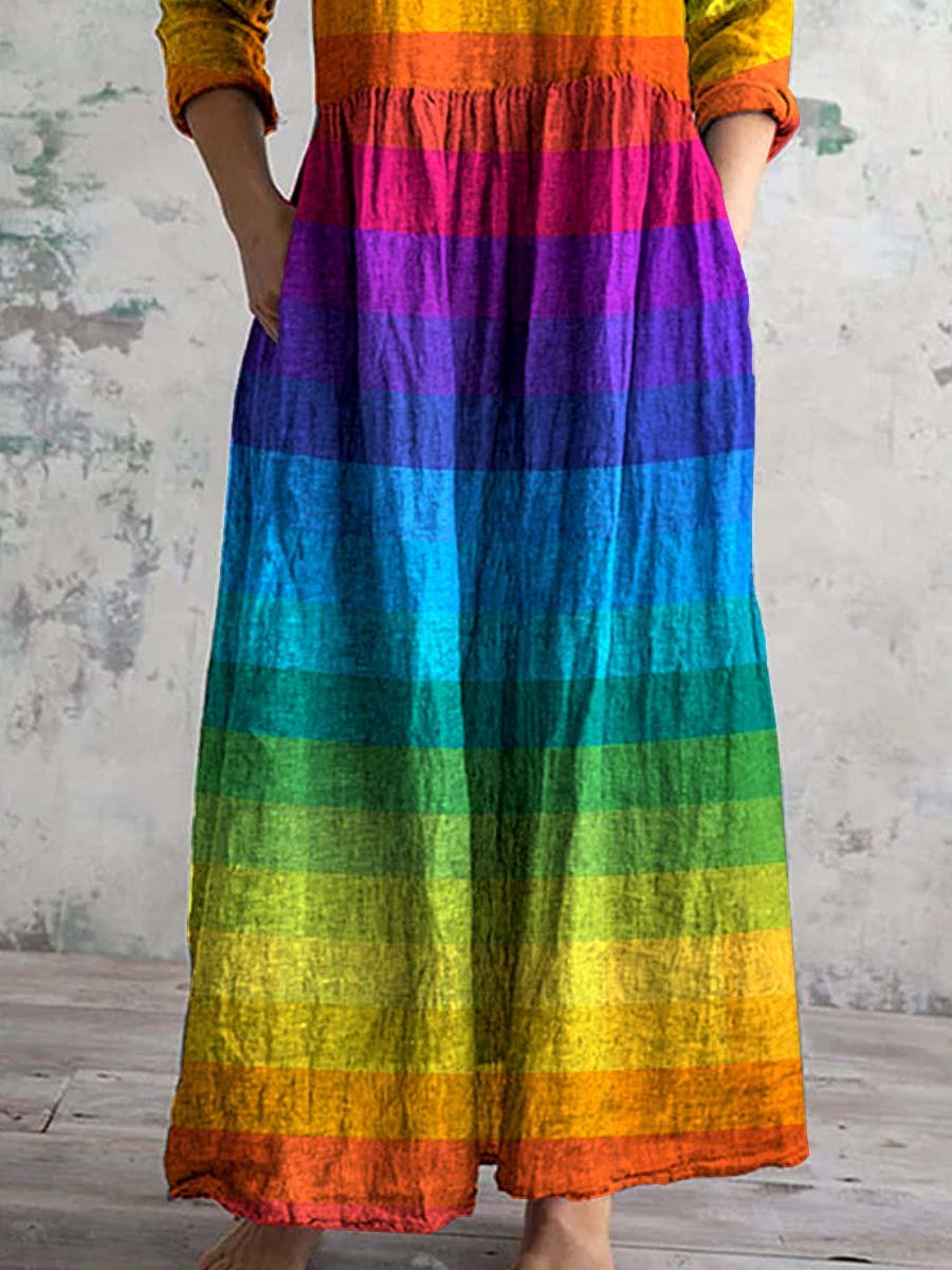 Women's V-Neck Rainbow Gradient Pattern Dress With Pockets