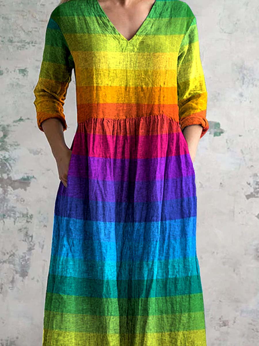 Women's V-Neck Rainbow Gradient Pattern Dress With Pockets