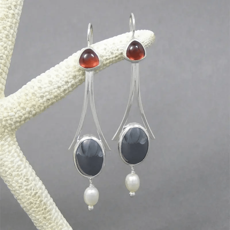 Vintage Metal Craftsman Inlaid Red Black Stone Earrings