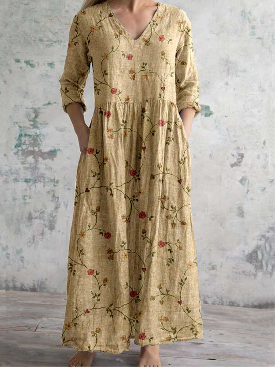 Women's V-neck Elegant Simple Floral Pattern Cotton And Linen Dress With Pockets