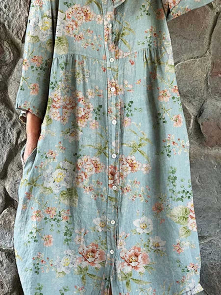 Women's Rose Floral Pattern Cotton and Linen Shirt Dress