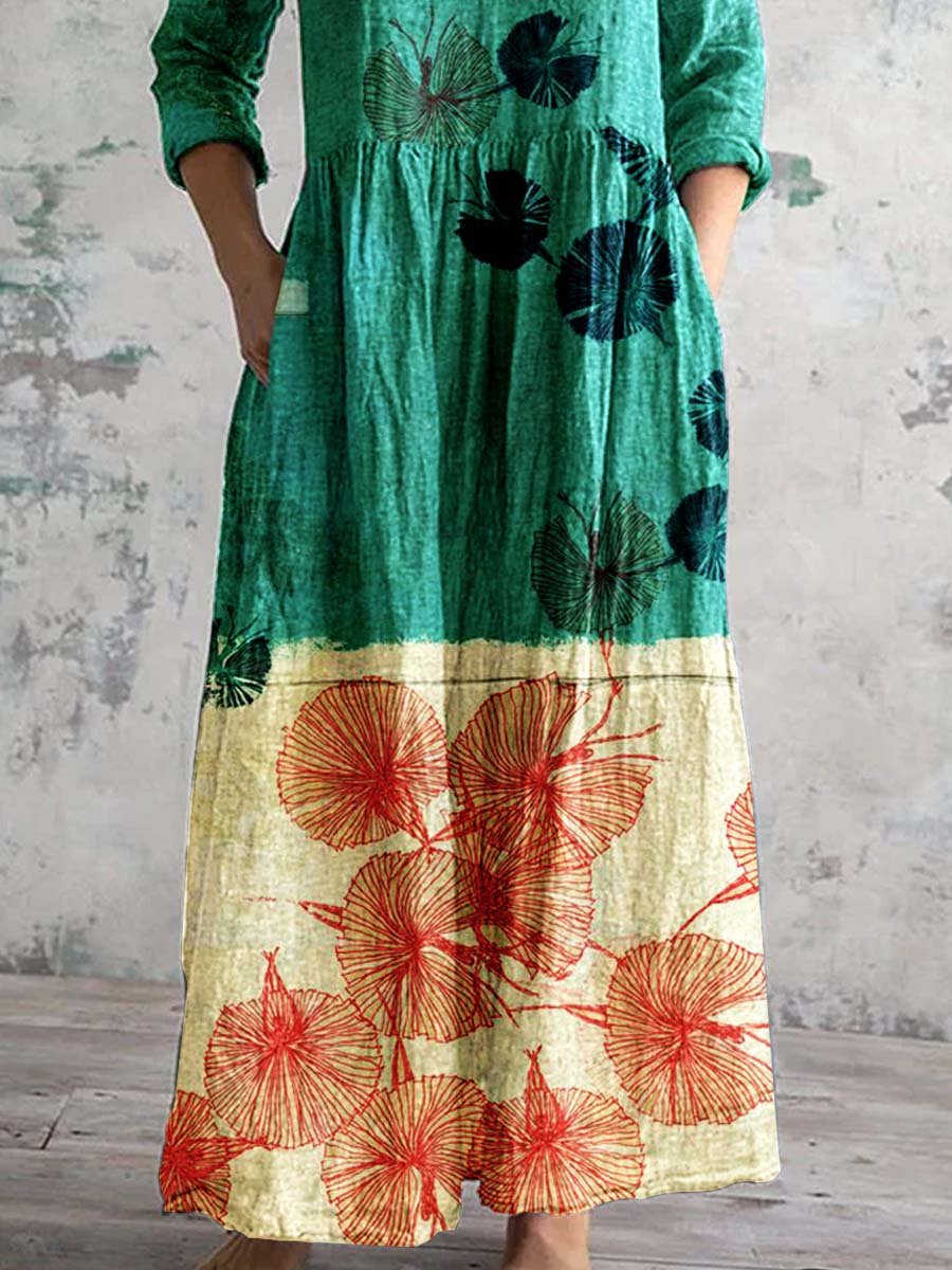 Women's V Neck Art Floral Pattern Dress with Pockets