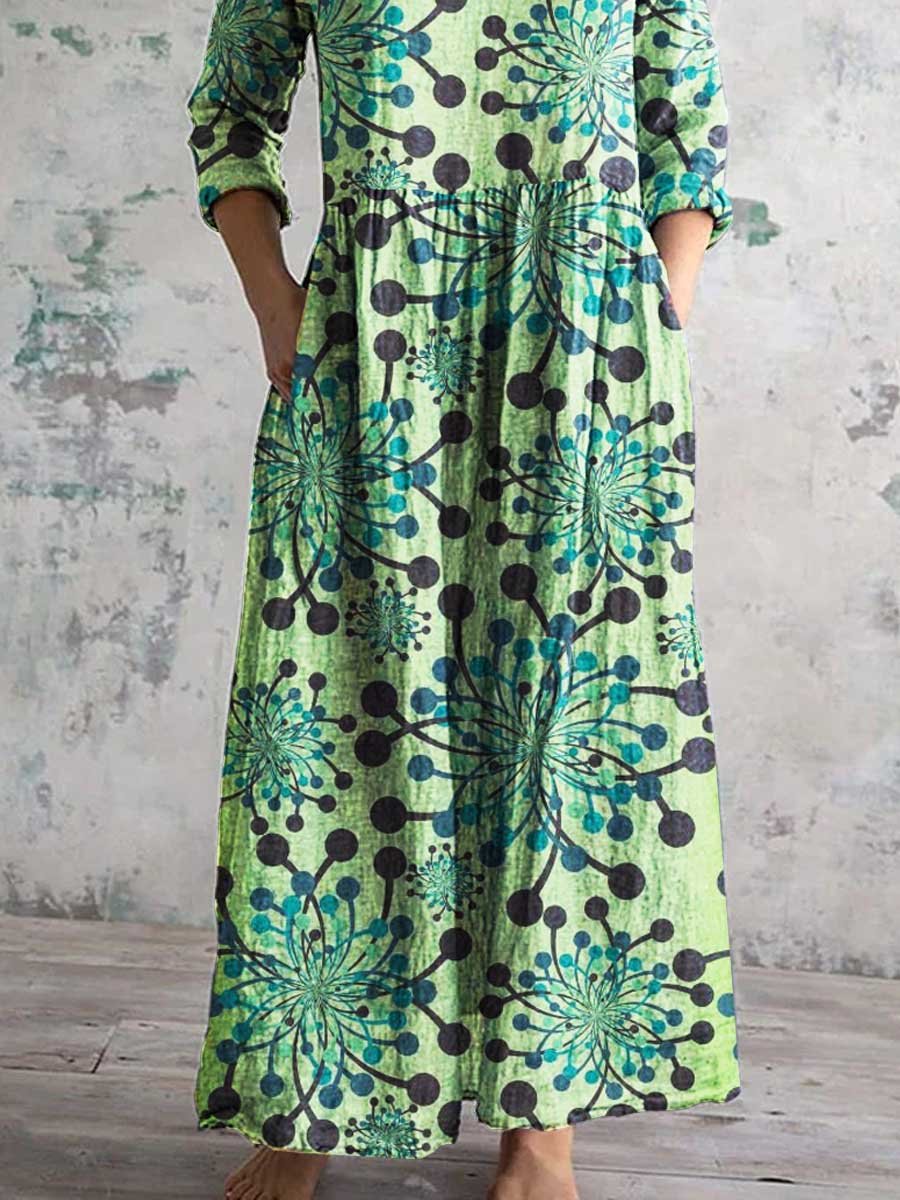 Women's Round Neck Seaweed Print Pattern Dress With Pockets