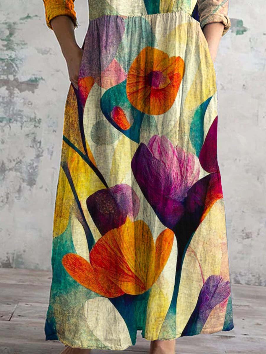 Women's V-neck Rainbow Art Cotton And Linen Dress With Pockets