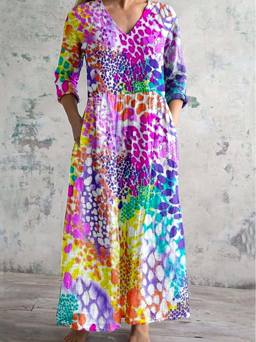 Women's V Neck Abstract Art Pattern Dress With Pockets