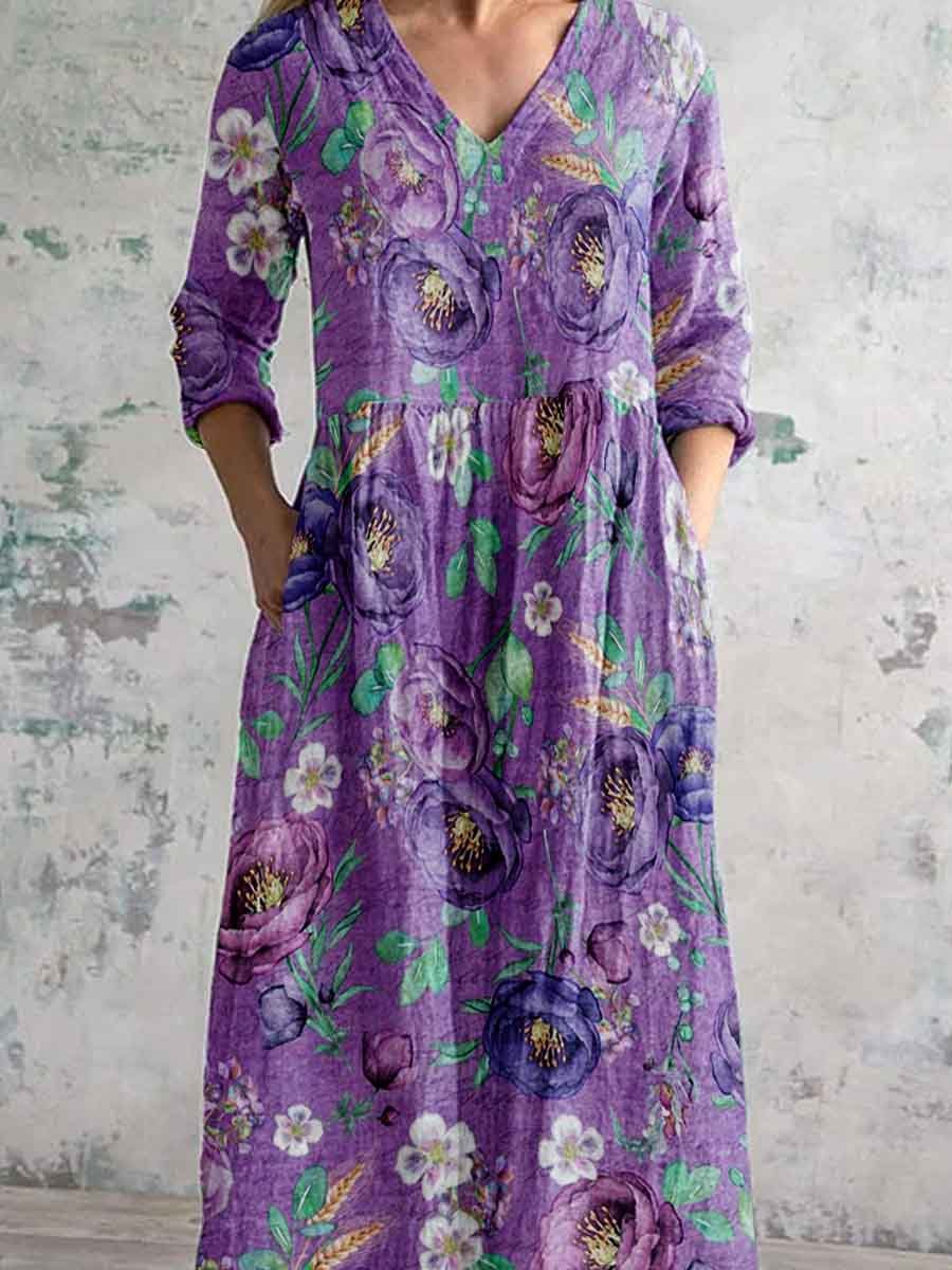 Women's V-Neck Purple Poppy Floral Cotton and Linen Dress with Pockets