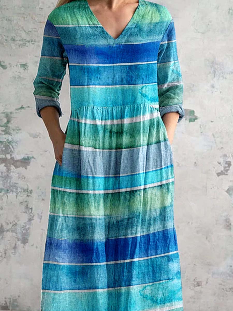 Women's Vintage Boho Stripe Pattern V Neck Dress with Pockets