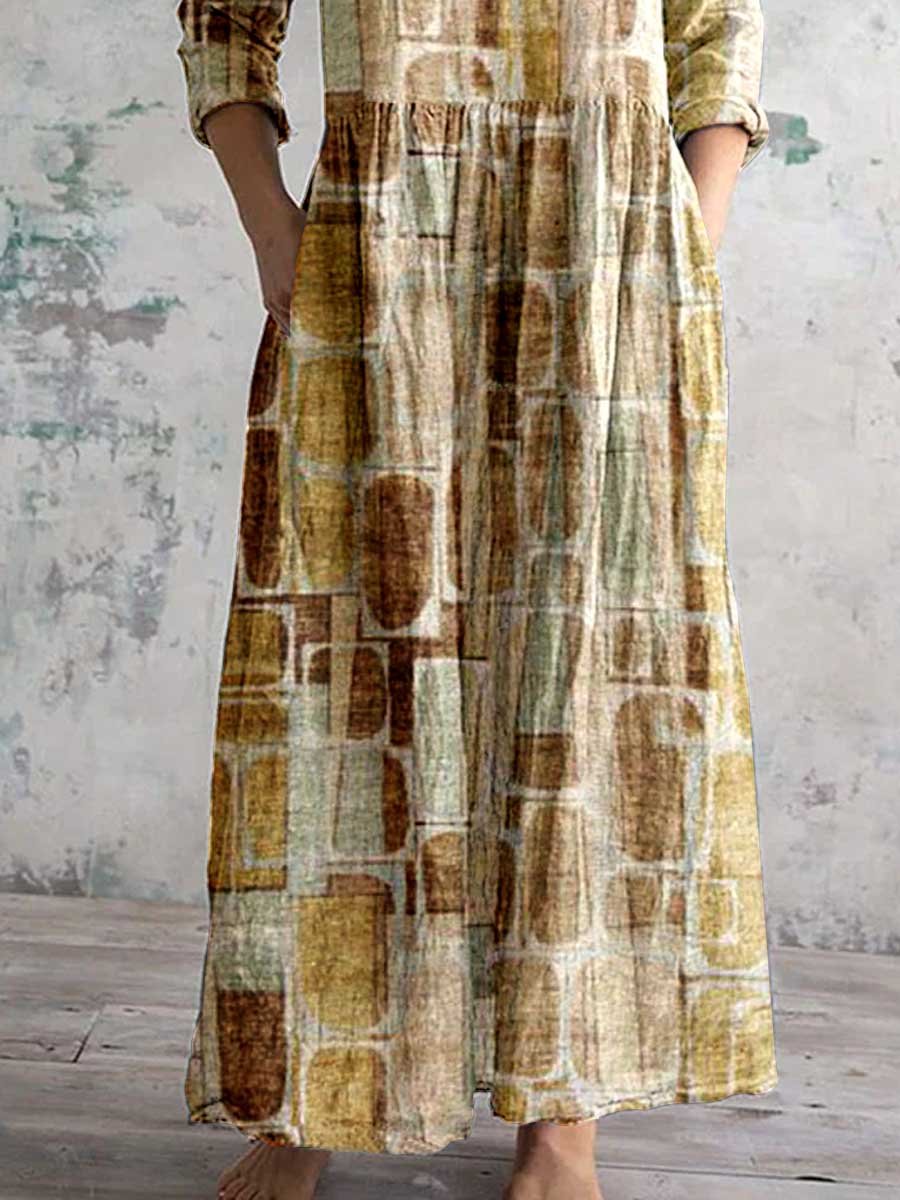 Women's Round Neck Vintage Geometric Print Pattern Dress with Pockets
