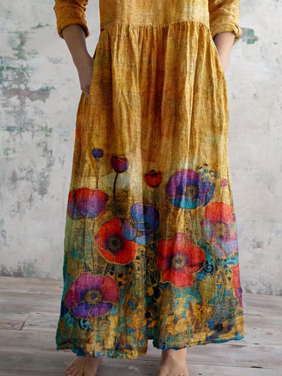 Women's Poppy Floral V-Neck Cotton and Linen Dress With Pockets