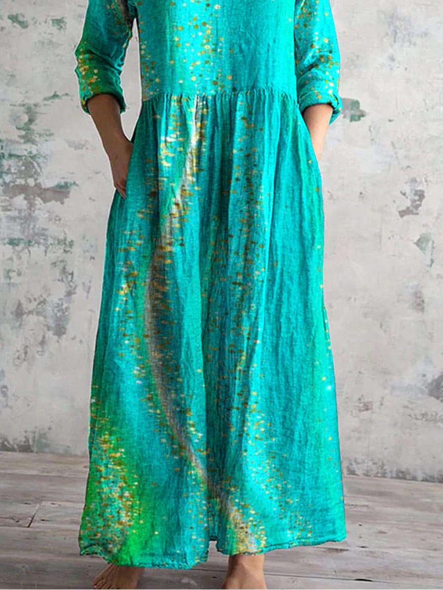 Women's Fluid Art V-Neck Cotton and Linen Dress with Pockets