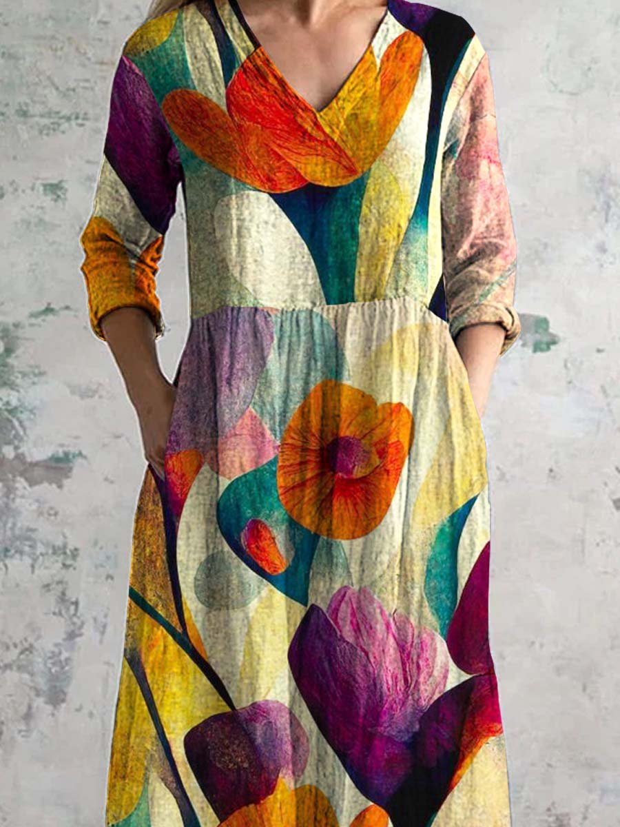 Women's V-neck Rainbow Art Cotton And Linen Dress With Pockets