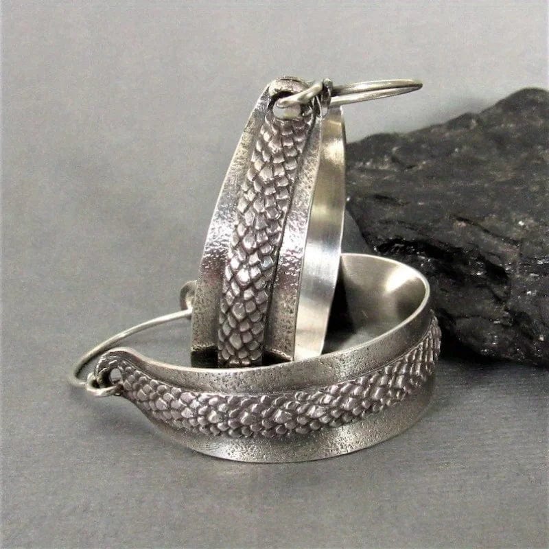 Vintage Snakeskin Pattern Silver Hoop Earrings