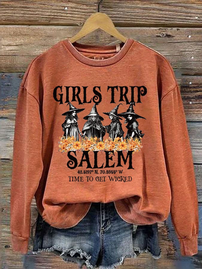 Women's Girl's Trip Salem Time To Get Wicked Halloween Print Crew Neck Sweatshirt