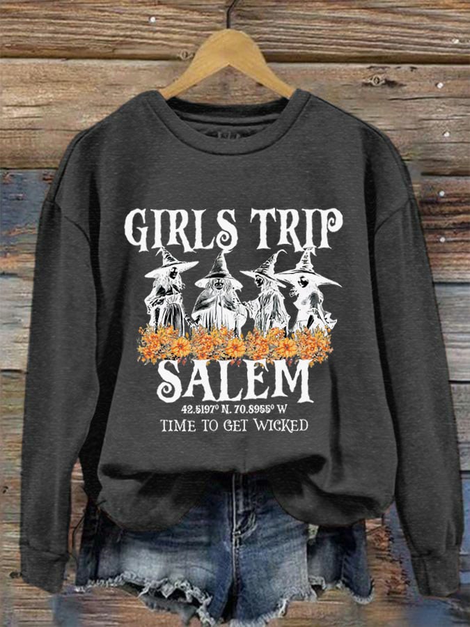 Women's Girl's Trip Salem Time To Get Wicked Halloween Print Crew Neck Sweatshirt