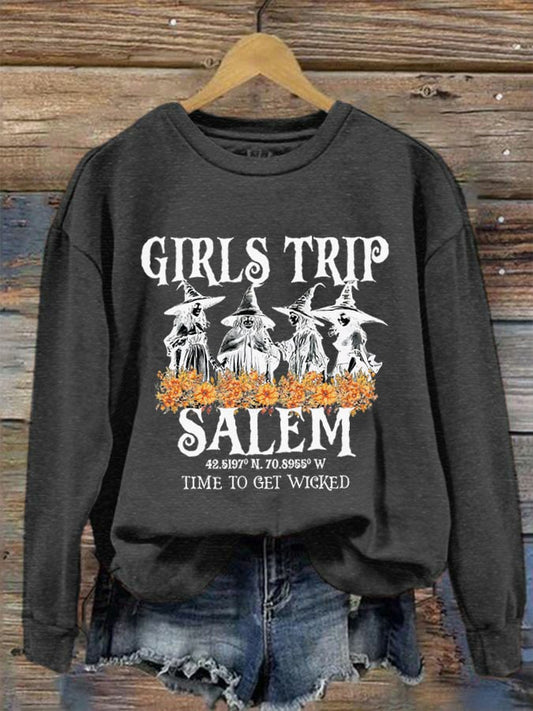 Women's Girl's Trip Salem Time To Get Wicked Halloween Print Crew Neck Sweatshirt