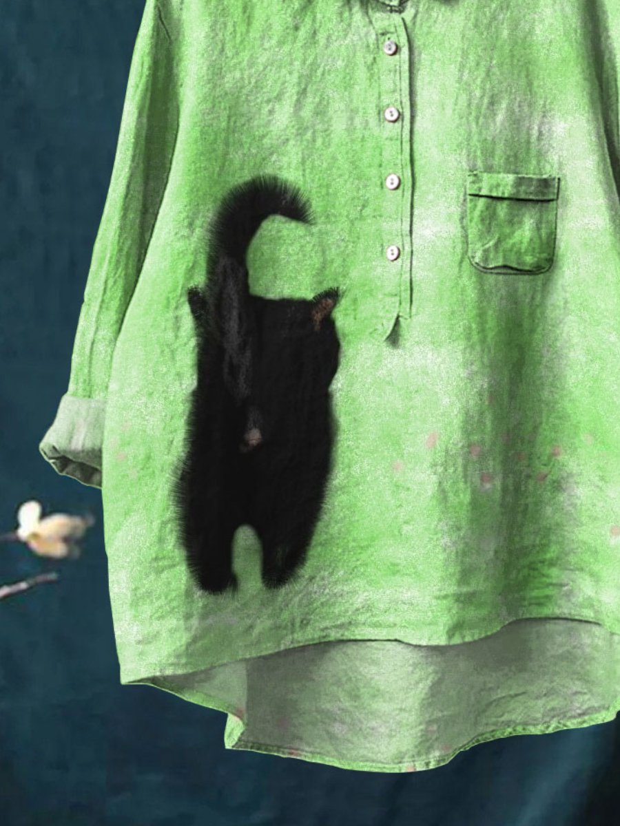 Cute Black Cat Walk in Grass Printed Women's Casual Cotton And Linen Shirt