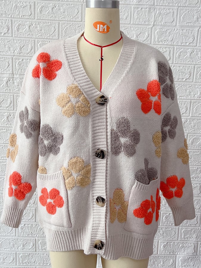 Women's Single Breasted Large Pocket Floral Jacquard Sweater Cardigan